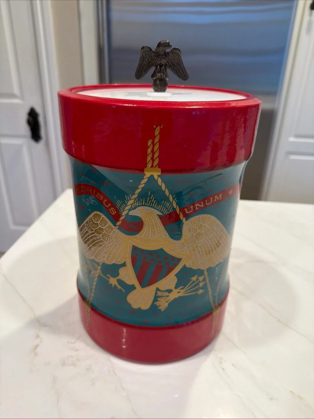 Vintage Cera E Pluribus Unum Eagle Ice Bucket Bareware Retro 1950 Metal Finial